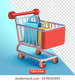 Shopping trolley containing shopping bags, 3d vector. Suitable for business and element design