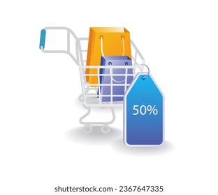 Trole de compras con etiqueta de descuento concepto de ilustración plana