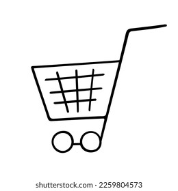 Shopping trolley doodle sign,hand-drawn supermarket cart, buying concept in sketch style.Simple design drawing by ink, pen,marker.Isolated.Vector illustratation