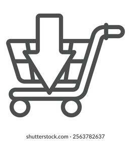 Shopping trolley with down arrow line icon, shopping concept. Vector graphics. Upload to cart,, peeking product sign on white background, outline style icon for mobile or web design