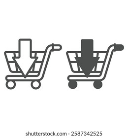 Shopping trolley with down arrow line and solid icon, shopping concept. Vector graphics. Upload to cart,, peeking product sign on white background, outline style icon for mobile or web design