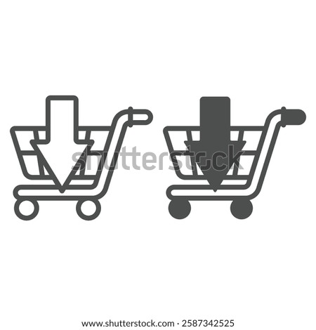 Shopping trolley with down arrow line and solid icon, shopping concept. Vector graphics. Upload to cart,, peeking product sign on white background, outline style icon for mobile or web design