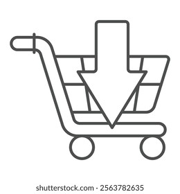 Shopping trolley with down arrow thin line icon, shopping concept. Vector graphics. Upload to cart,, peeking product sign on white background, outline style icon for mobile or web design