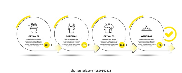 Shopping Trolley, Dry T-shirt And Clean T-shirt Line Icons Set. Timeline Process Infograph. Cloakroom Sign. Sale Gift, Laundry Shirt, Hanger Wardrobe. Fashion Set. Infographics Timeline Banner. Vector