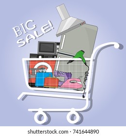 shopping trolley with electronics and household appliances big sale
