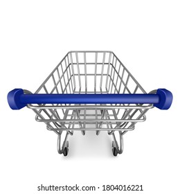 Shopping trolley, empty supermarket cart view from the first person isolated on white. Customers equipment for purchasing in retail shop, grocery and store market. Realistic 3d vector illustration