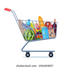 Shopping trolley full of food, fruit, products, grocery goods. Grocery shopping cart. Buying food in supermarket. Vector illustration for advertising banner, sale flyer