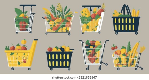 Shopping trolley full of food, fruit, products and grocery goods.Shopping basket with fresh food and drinks.Grocery store, supermarket.A set of fresh, healthy and natural product. Vector illustration.