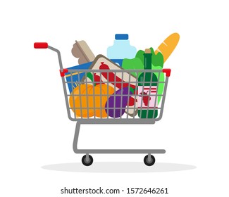 Shopping trolley full of food. Vector illustration.
