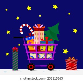 Shopping trolley full of gifts. Vector eps 10