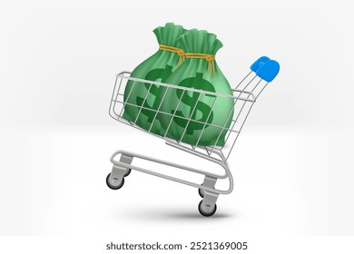 Carro de la compra lleno de saco de dinero. Ilustración vectorial 3D