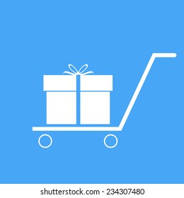 Shopping trolley with gift box. Vector illustration.