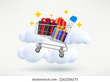 Carrito de compras con cajas de regalo. Concepto de compras. 3.ª ilustración vectorial