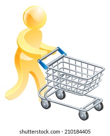 Shopping trolley gold man, a gold mascot person pushing a supermarket shopping cart