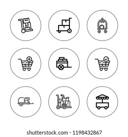 Shopping trolley icon set. collection of 9 outline shopping trolley icons with cart, shopping cart icons. editable icons.