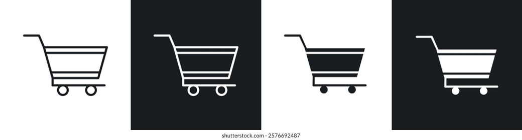 Shopping trolley icons collection in black and white solid and line style