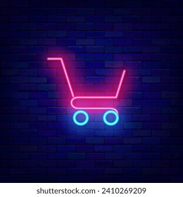 Shopping trolley neon label. Sale sign. Special offer emblem. Marketing logotype. Colorful typography. Shiny banner. Shopping cart design. Editable stroke. Vector stock illustration