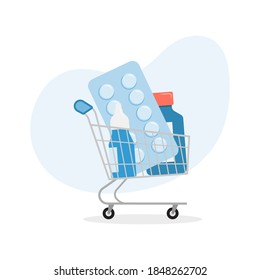 Shopping trolley with pills and medicine. Pharmacy purchases. Online pharmacy. Vector illustration