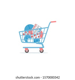 Shopping trolley with pills on a white background. Pharmacy purchases. Drugstore concept. Healthcare objects.Vector illustration in a flat style.