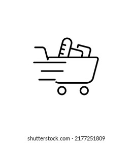 Shopping trolley push cart with grocery products, fast online order and delivery isolated outline icon. Vector retail basket, buyers bag linear sign. Online deliver shoppingcart pushcart with food eps