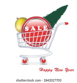 Shopping trolley, sale icon, fir tree, Christmas ball, - vector. Winter discounts. New Year, Christmas sale svg