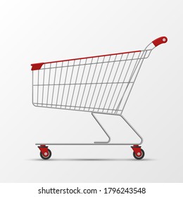 Shopping trolley for shop, store, supermarket realistic template. Grocery cart to collecting purchases by customers, shoppers. Wheeled basket. Vector trolley isolated on white background.