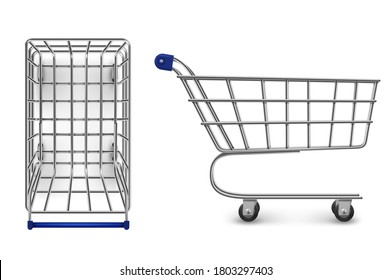 Shopping trolley top and side view, empty supermarket cart isolated on white background. Customers equipment for purchasing in retail shop, grocery and store market. Realistic 3d vector illustration