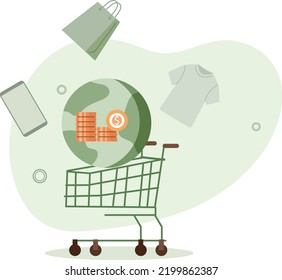 Shopping trolley and various goods .flat vector illustration.