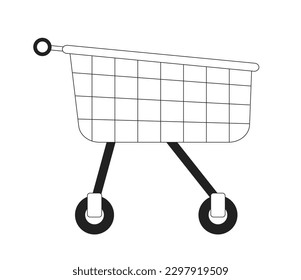 Shopping trolley with wheels monochrome flat vector object. Grocery cart. Editable black and white thin line icon. Simple cartoon clip art spot illustration for web graphic design and animation