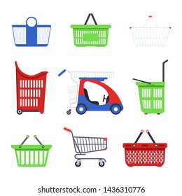 Shopping trolleys supermarket carts and baskets vector isolated objects shop container for products collecting heavy goods and small purchases children mini car porters on wheels or with handles.