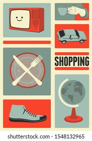 Shopping typographic poster design. Shopping center or mall information vector sign set. Flat information circle icons. Vector illustration.