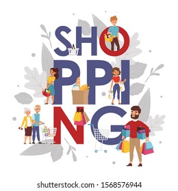 Shopping typography poster, vector illustration. People buying groceries, shopping mall banner, store advertisement flyer. Men and women customers with bags, decorative letters shop background
