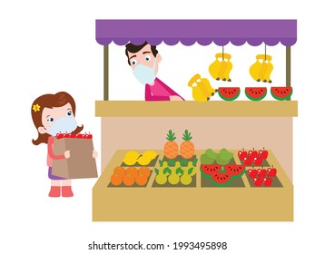 Shopping vector concept. Little girl wearing face mask while buying fresh fruits from vendors grocery stall at market