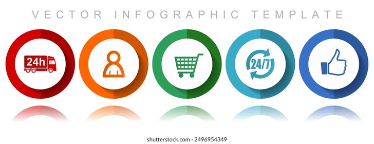 Shopping vector icon collection, miscellaneous icons such as 24h delivery, customer, cart and like, flat design infographic template in eps 10