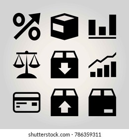 Shopping vector icon set. analutics, package, credit card and percentage