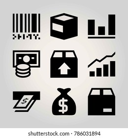 Shopping vector icon set. analytics, package, money bag and cash