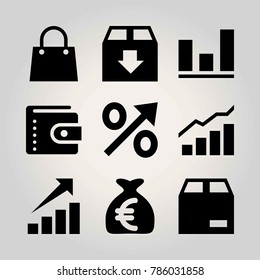 Shopping vector icon set. bag, money bag, shopping bag and analytics