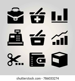 Shopping vector icon set. shopping baket, wallet, case and analytics