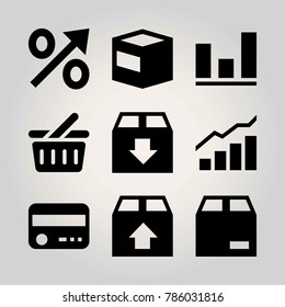 Shopping vector icon set. basket, analutics, credit card and shopping basket
