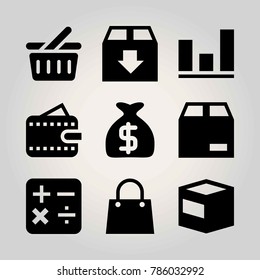 Shopping vector icon set. basket, calculator, wallet and shopping basket