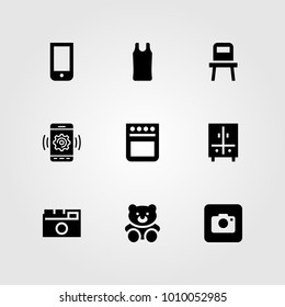 Shopping vector icon set. bear, chair, oven and toy