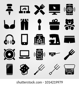 Shopping vector icon set. bear, bra, spoon and laptop
