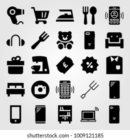 Shopping vector icon set. bookshelf, toy, fork and cart