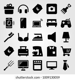 Shopping vector icon set. bra, computer, shirt and headphones