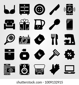 Shopping vector icon set. bra, button, laptop and oven