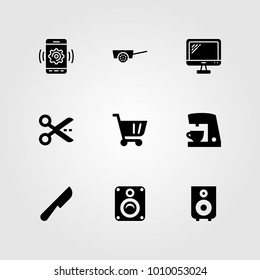 Shopping vector icon set. cart, speaker, scissors and smartphone