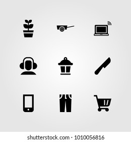 Shopping vector icon set. shopping cart, headphones, smartphone and plant