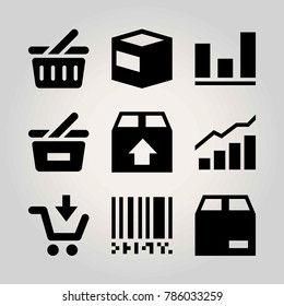 Shopping vector icon set. cart, package, analytics and analutics