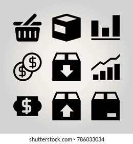 Shopping vector icon set. coin, analutics, package and dollar