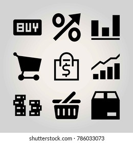 Shopping vector icon set. coin, analutics, buy and percentage